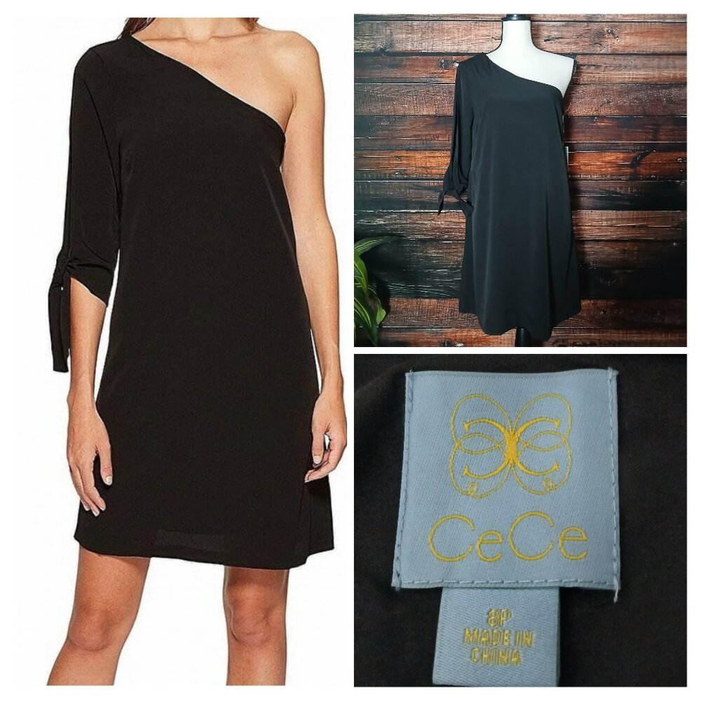 NWT CeCe Shift Dress 8 Petite Black One Shoulder Tie Sleeve Lined LBD